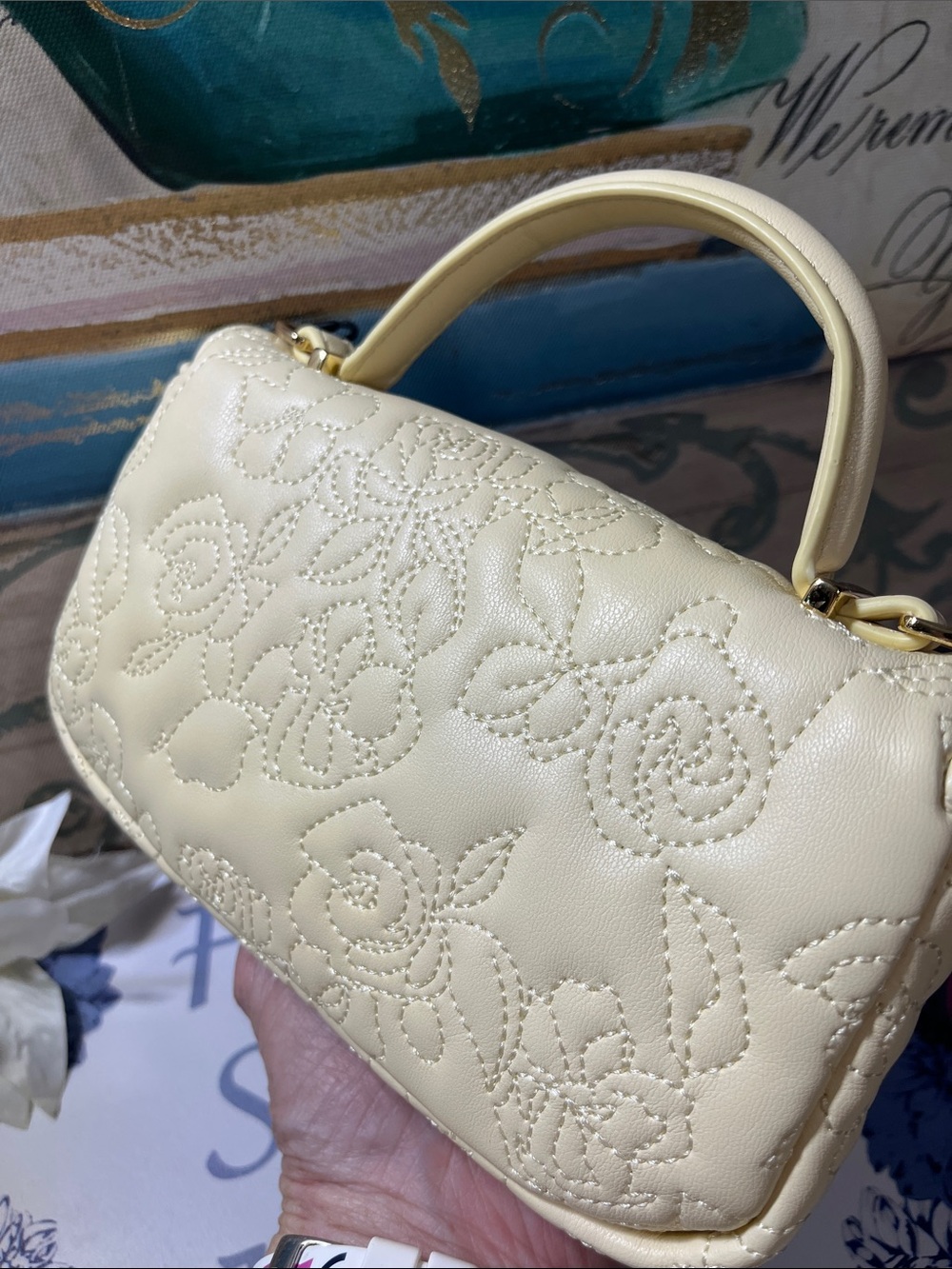Ted Baker Pale Cream Quilted Top-Handle Mini Bag with Chain Strap - Picture 8 of 9